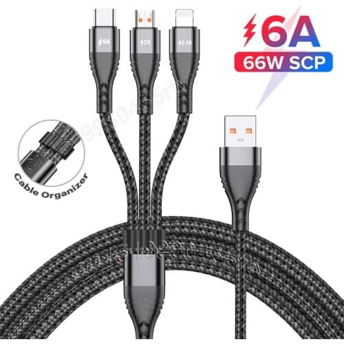 3in1 USB Cable 6A Fast Charging for Huawei Mate 40 Pro Quick Charge Micro USB Type C 3 in 1 2 in 1 USB Cable for iPhone 12 11 XS