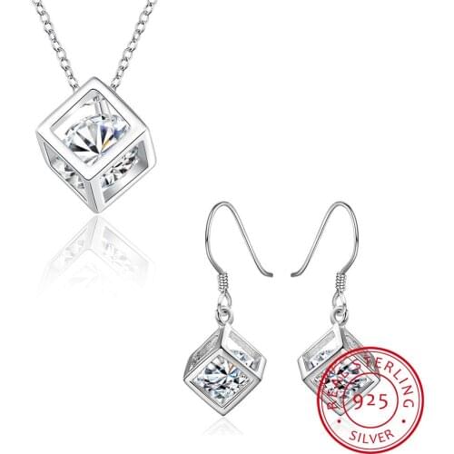 925 Sterling Silver Fine Jewelry Sets Zirconia Square Cube Necklace+Earrings Jewlery Set For Women Gift