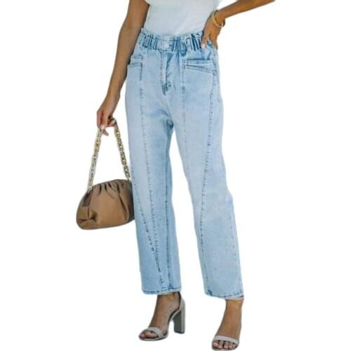 Light Blue Elastic Waist Jeans Women High Waist Straight Streetwear Vintage Denim Trousers Office Lady Casual Denim Pants 2021