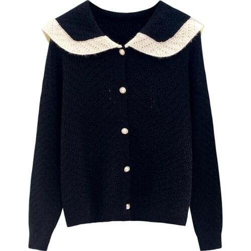 Zoki Patchwork Women Cardigan Sweater Harajuku Fashion Sailor Collar Pearl Button Knitted Jacket 2021 Fall Casual Female Coats