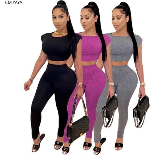 CM.YAYA Active Wear Print Womens Set Short Sleeve Crop Tops Pencil Pants Suit Tracksuit Sportwear Two Piece Set Fitness Outfit