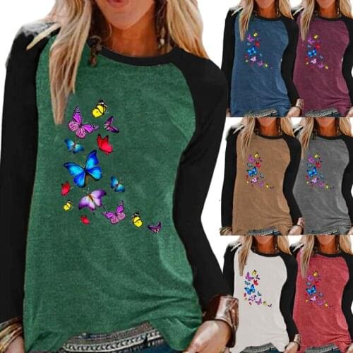 Autumn Fashion Womens Butterfly Printing Comfortable Sweaters Casual Round Neck Raglan Sleeves Loose Plus Size T-shirt Tops