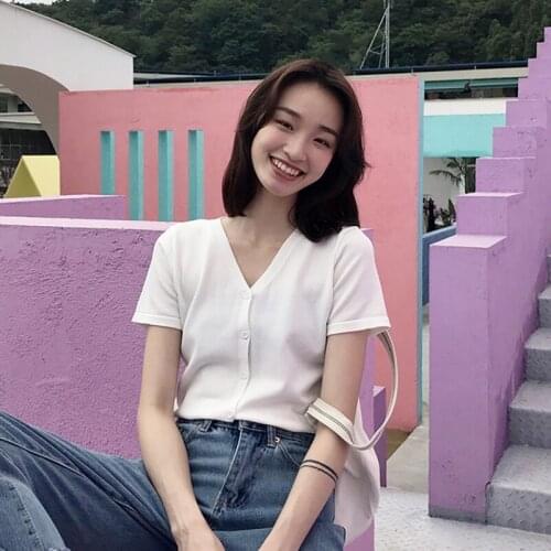 Knitted Cardigans Spring Summer Women Casual Short Sleeve Tops V-neck Women Solid Color T-Shirt Tops