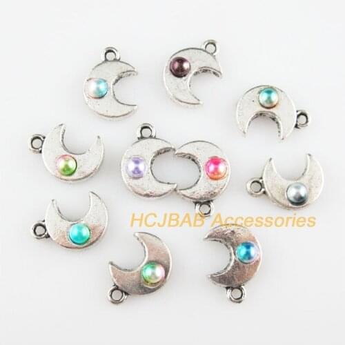 20 New Moon Charms Mixed Acrylic Beads Pendants Tibetan Silver Tone 11x15.5mm