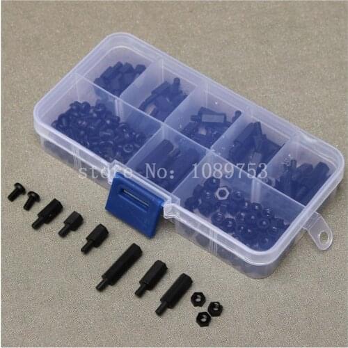220Pcs Black Nylon M3 Hex Column Male-Female Standoff Spacers Screw Nut Kit Box