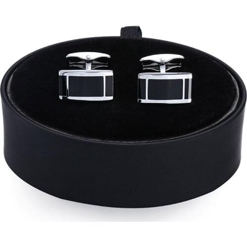 DY is a set of high-end mens shirts Cufflinks Gift black rectangle Cufflinks black leather box set free shipping