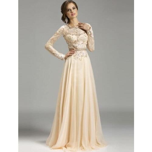 Elegant A Line Chiffon Long Sleeve Lace Prom Dresses 2015 vestidos de baile robe de bal galajurken