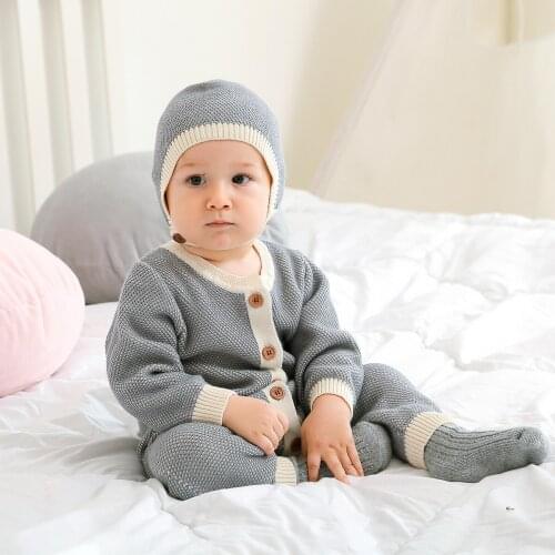 Baby Romper Newborn Knitted 100% Cotton Super Soft Unisex Toddler Long Sleeve Jumpsuit Clothes Infant Outfits with A Warm Hat