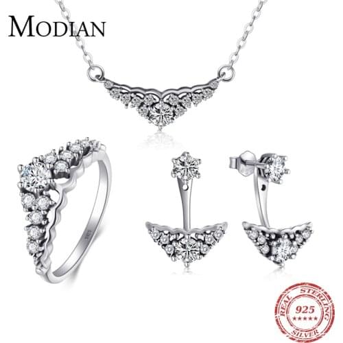 Modian Real 925 Sterling Silver Crown Jewelry Set Classic Wedding Ring Fashion Pendant Necklace Simple Stud Earrings For Women