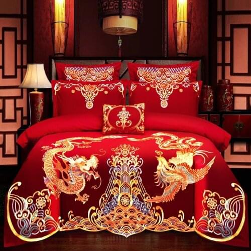 Red Chinese wedding style Dragon and phoenix Cotton Bedding Set Duvet Cover Bed Linen Fitted Sheet Pillowcases Home Textile