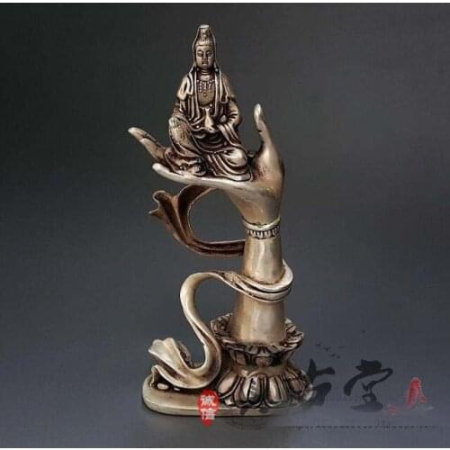TOP collection # Home OFFICE Decor art -old Vintage CHINA silver plating sculpture CHAN Buddha GUAN YIN statue