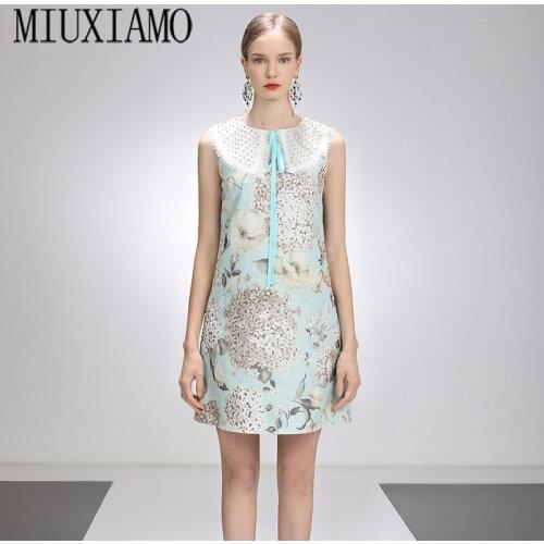 MIUXIMAO 2021 Spring Summer Party Dress Flower Diamonds Above Knee Tank Office Lady Blue Casual Dress Women Vestidos With Bow