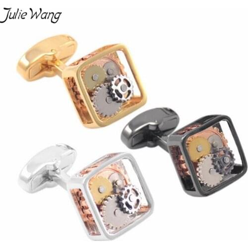Julie Wang 1pair Brass Made Black Gold White Men Cuff Links Watch Movement Tourbillon Unique Men Party Daily Accessory Boyfriend