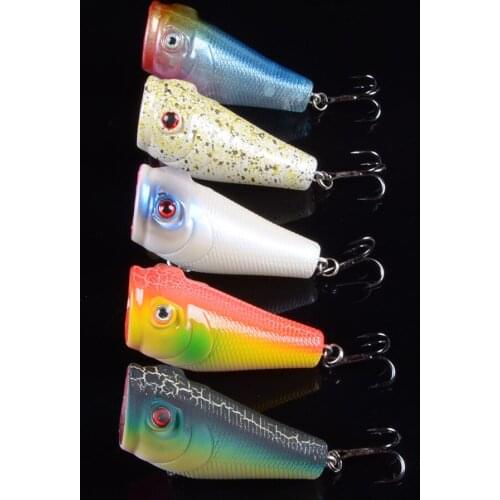 New Arrival 5pcs Fishing Lures High Quality Popper Plastic Fishing Tackle 5 Colors Available 5cm 8g Hard Baits 6# Hooks 3D Eyes