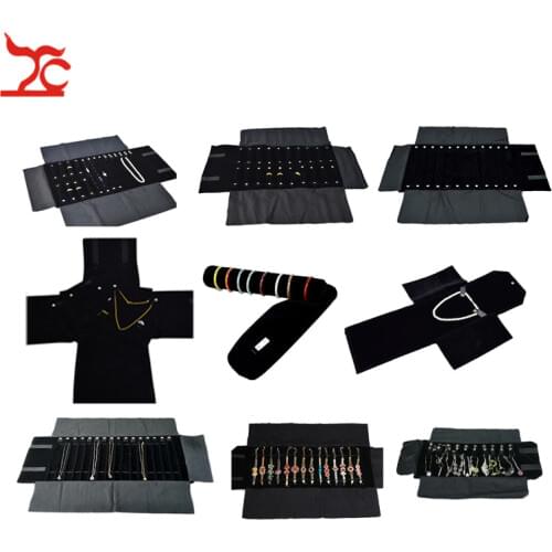 Wholesale Black Velvet Jewelry Display Rolls Travel Organizer Bag Foldable Earrings Ring Chain Pendant Necklace Storage Roll Bag