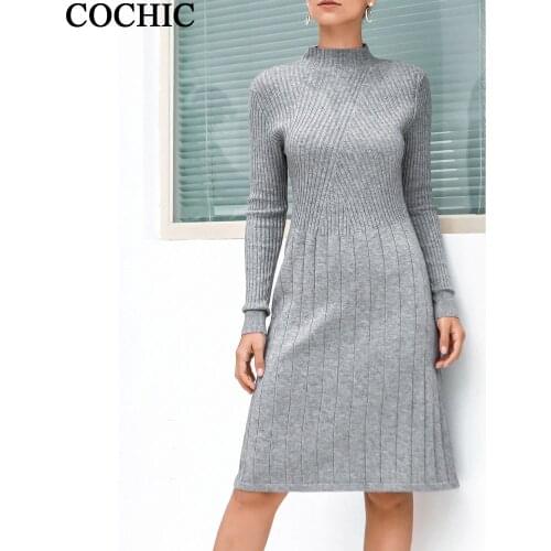 Autumn winter bottoming warm Knitted dress solid color Half turtleneck mid-long sweater dresses knit dress