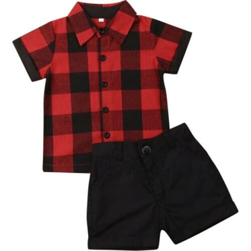 1-5Y Summer Toddler Kids Baby Boy Sets Gentleman Clothes Red Plaid Shirt Tops Shorts Pants Formal Outfit