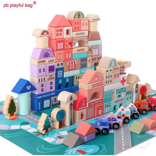 PB Playful bag 115 pieces of wooden makaron city assembled building block DIY toys for children Many different combinations UG13