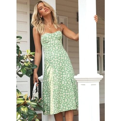 Fashion Retro Summer Womens Dress Print Sleeveless Sexy Dress Bohemian Beach Slit Casual Holiday Mid-Length Dress For Women