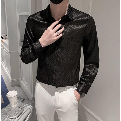 2021 Autumn Print Long Sleeve Casual Shirt for Men Business Slim Fit Streetwear Men Clothing Social Party Tuxedo Dress Blouse