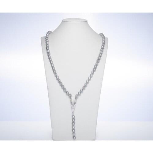 Geometric Triangle Design Pearl Necklace Grey Color 9-10mm Natural Freshwater Pearl Sweater Chain 2018 New Winter Coat Chain