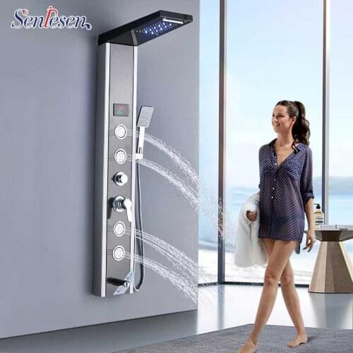 Senlesen Brushed Nickel Shower Panel Waterfall Rain Shower Head Wall Mount W/ Massage Jets For Bathroom Shower Douche Faucets