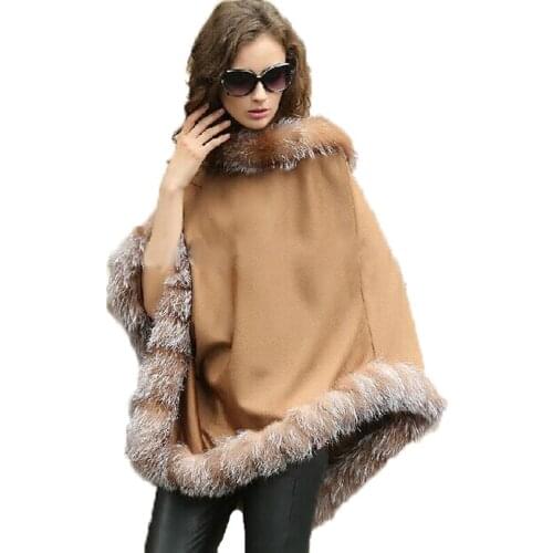 Shawl Ladys Genuine Real Cashmere Wraps Female Genuine Crystal Fox Fur Women Cloak Coat Poncho Cape BROWN