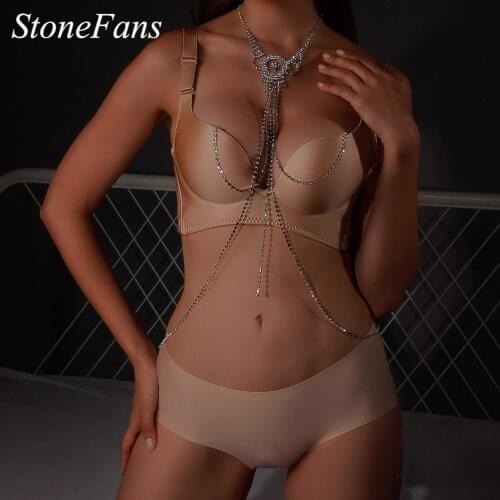 Stonefans Sexy Chest Lingerie Crystal Nipple Chain Jewellry Harness Non Piercing Elasticity Clip Body Jewelry Necklace Chains