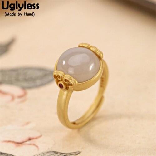 Uglyless China Cultural Ruyi Hollow Rings for Women Real 925 Sterling Silver Open Finger Rings Natural Gemstones Jade Jewelry