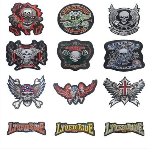 XICC 2019 Skull Preppy Look Big Size Embroidery Iron On Patches Large Cool Motor Biker Rock Stickers Badge Appliques For Clothes