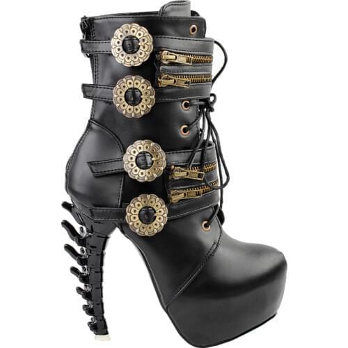 LF80651 Punk Design Zipper Womens High-top Bone High Heel Platform Ankle Boots Black