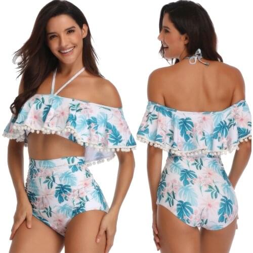 Women Push Up Ruffle Bikini Set Off Shoulder High Waist Tassel Swimsuit Swimwear Biquini Girl Plavky Maillot Bath Tankini