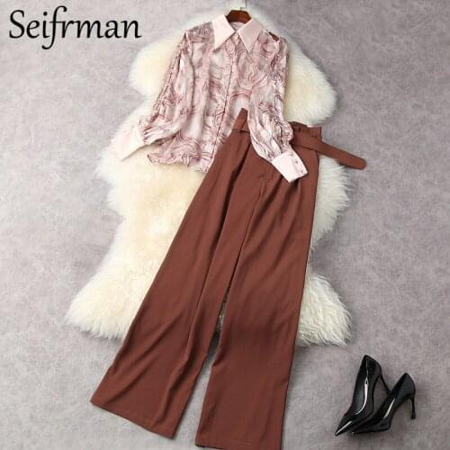Seifrmann New 2021 Summer Women Fashion Runway Pants Set Lantern Sleeve Chiffon Blouses + High Waist Printed Wide Leg Long Pants