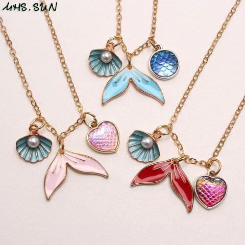 MHS.SUN Fashion Pink/Blue/Red Mermaid Tail Pendant Necklace For Kids Girls Charm Jewelry Gold Color Chain Choker For Party Gift