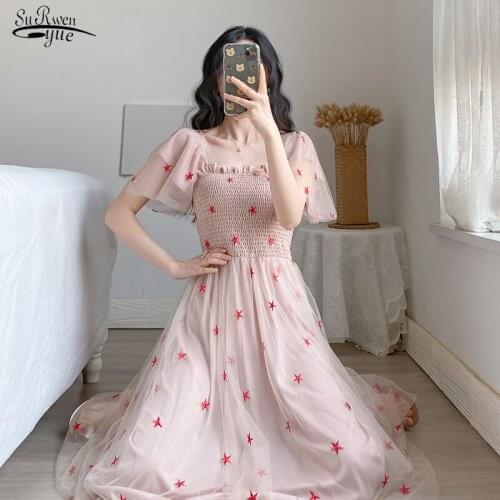 Vestido 2021 Summer High Waist Dress Short Sleeve Vintage Pink Dress Butterfly Sleeve Sweet Embroidered Chic Mesh Dresses 10122