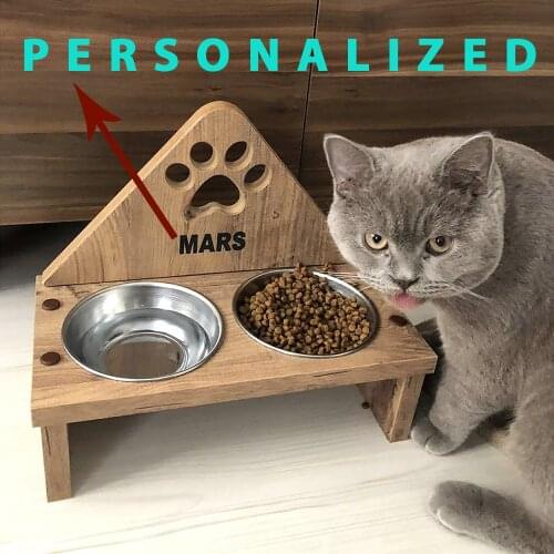 2021 Personalized Wooden Non Slip Double Cat Bowls With Raised Stand Dog Name Printed Pet Food and Water Cups Healthy Feeders