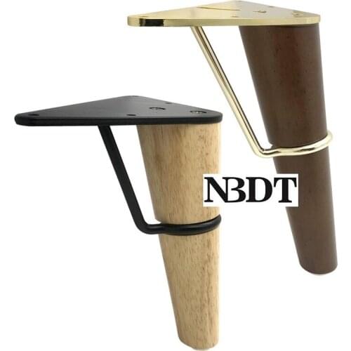 4Pcs/Lot Walnut Stained Clear Solid Wood Tapered Round Feet Gold Matte Black Connecting Plate Cabinet Bed Furniture