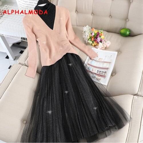 ALPHALMODA Slim V-neck Sweater + Pleated Mesh Dress Two-piece Women Suit Pleated Waist Knitting Outfit + Bottom Dress Set