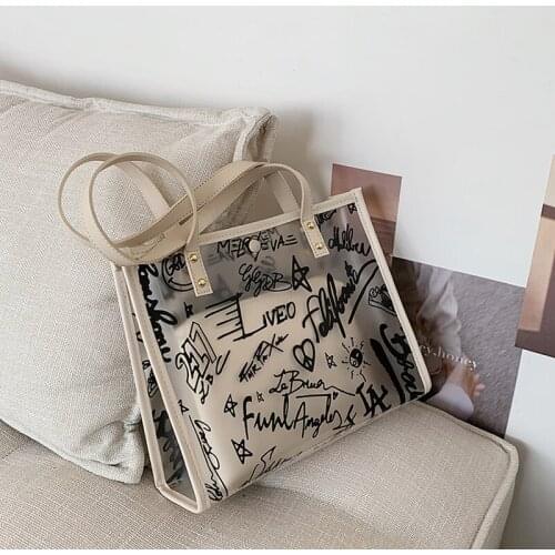 Large capacity jelly frosted transparent female bag graffiti shoulder bag summer 2021 new trendy net red picture tote bag