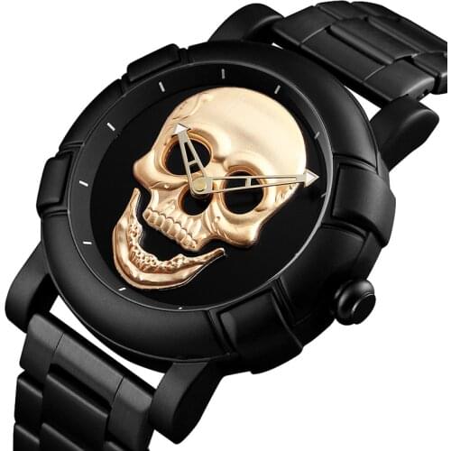 Skull Black Gold Men Watch Laser Engraved Skull Head Watches Punk Skeleton Wristwatch for Mens Cool Male Quartz Wrist Watches