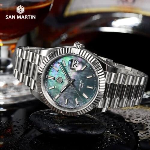 San Martin Date Just V2 Watch 40mm MOP Dial Jubilee Bracelet Retro Luxury Sapphire Automatic Mechanical Watches Men