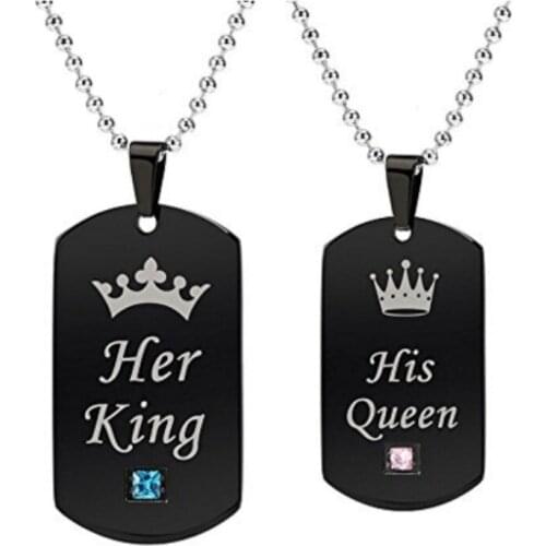 Stainless Steel Black Necklaces & Pendants Her King and His Queen Couple Necklace for Women Pink Blue Crystal Letter Necklace