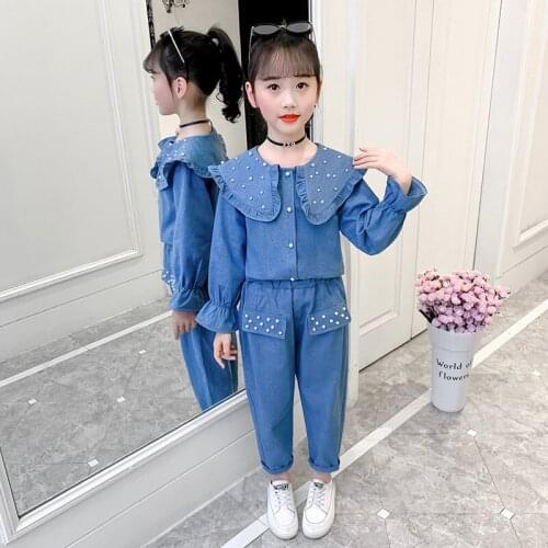 Girls Suit Jean Blouse +Pants 2Pcs/Sets 2021 Beading Spring Autumn Teenagers Outwear Kids Cotton Tracksuit Sport Suits Children