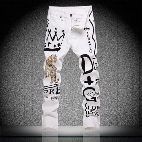 Mens Leopard Printed Jeans Men Skinny Letter Pattern Coloured Drawing Paiting Stretch Denim Pants Nightclubs Singers Trousers