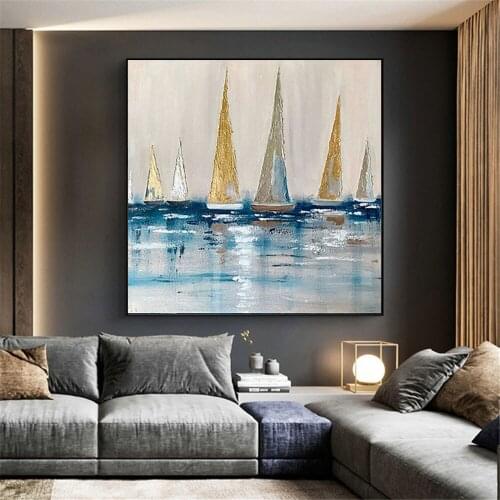 Hot sale seascape paintings hand-painted oil painting abstract gold foil art sailing boat canvas painting modern home decoration