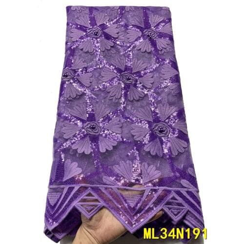 Beautifical African Wedding Lace Fabric Purple Color Tulle Mesh Lace with Sequins 5yards ML34N191