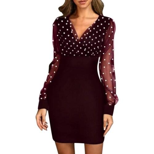 Dresses Women Mini Dress Fashion Mesh Sleeve Dress Dots Print Patchwork Waist Tight Bodycon Mini Dress Casual Streetwear Dresses
