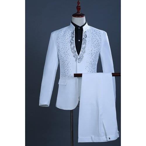Embroidered Diamond Suit Men Wedding Groom Tuxedo Suits Mens Stand Collar Prom Stage Costume Mens Suits(jacket +pant)