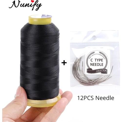 Nunify 1 Roll Black Hair Weaving Thread High Intensity Polyamide Thread 12Pcs 9Cm Weaving Needles /C Type Needles/Curved Needle
