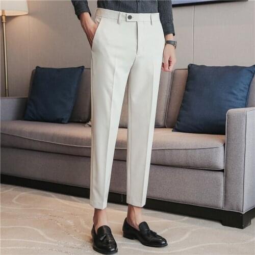 2021 New Men Ice Silk Pants British Casual Business Dress Trousers Korean Style Slim Suit Office Social Trousers Pantalon Homme